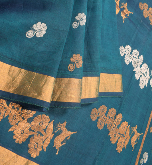 Sushila Vintage Blue Green Sari Sona Roopa Handloom Banarasi Pure Silk 6YD Saree