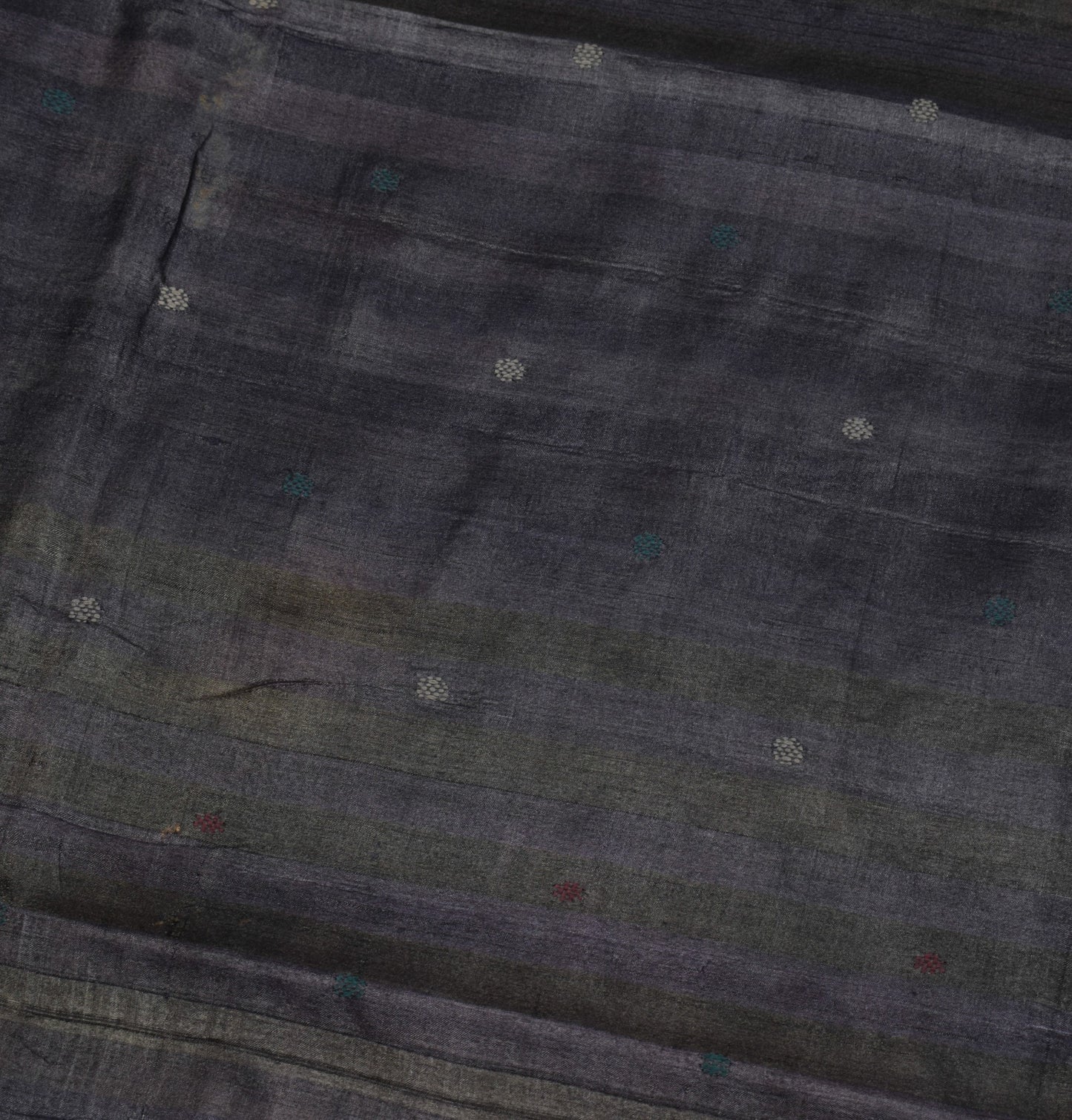 Sushila Vintage Black & Blue Saree Pure Tussar Silk Floral Handloom Sari Fabric