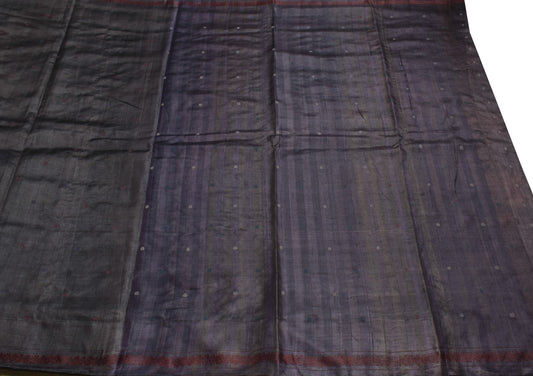 Sushila Vintage Black & Blue Saree Pure Tussar Silk Floral Handloom Sari Fabric