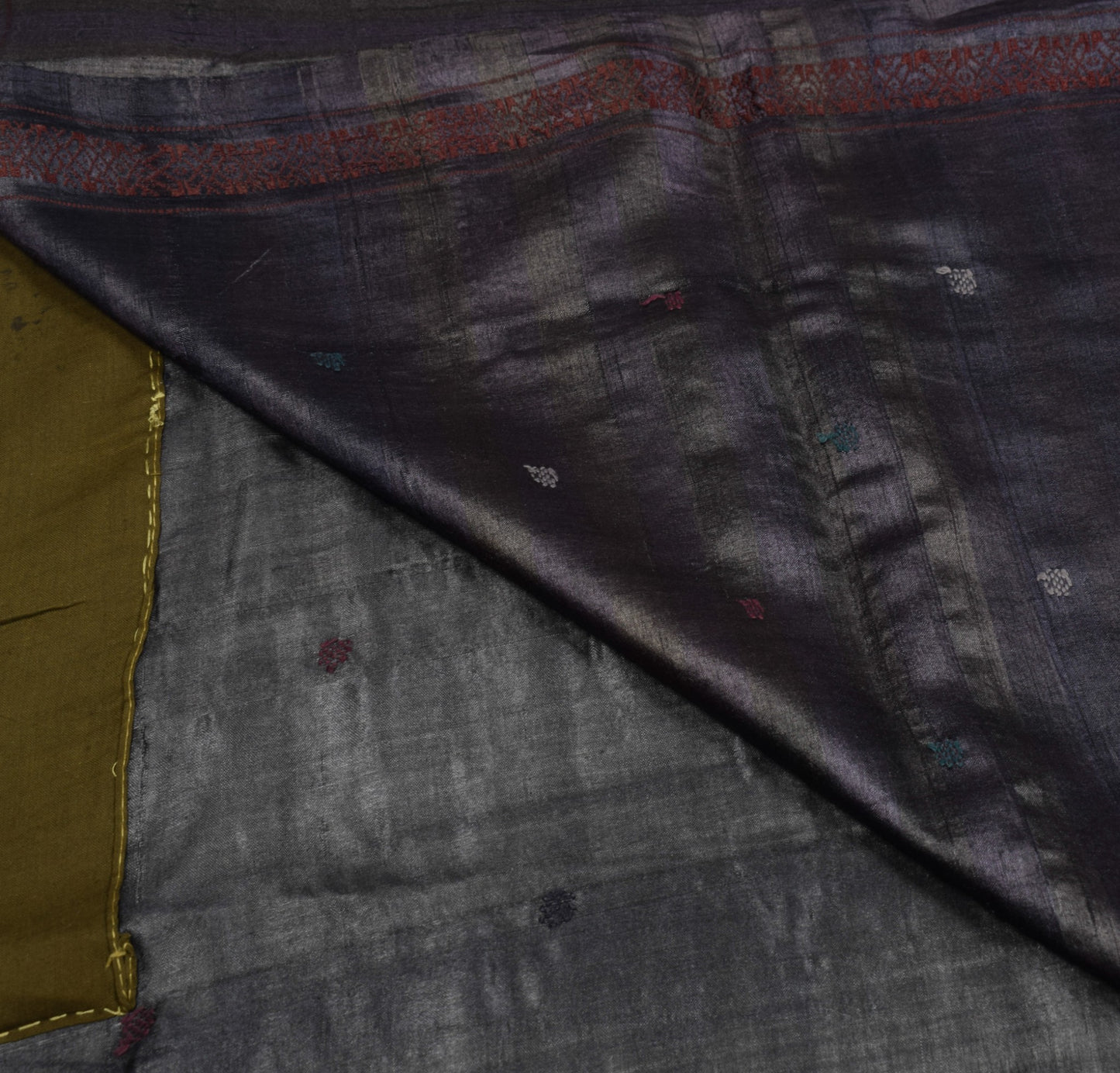 Sushila Vintage Black & Blue Saree Pure Tussar Silk Floral Handloom Sari Fabric