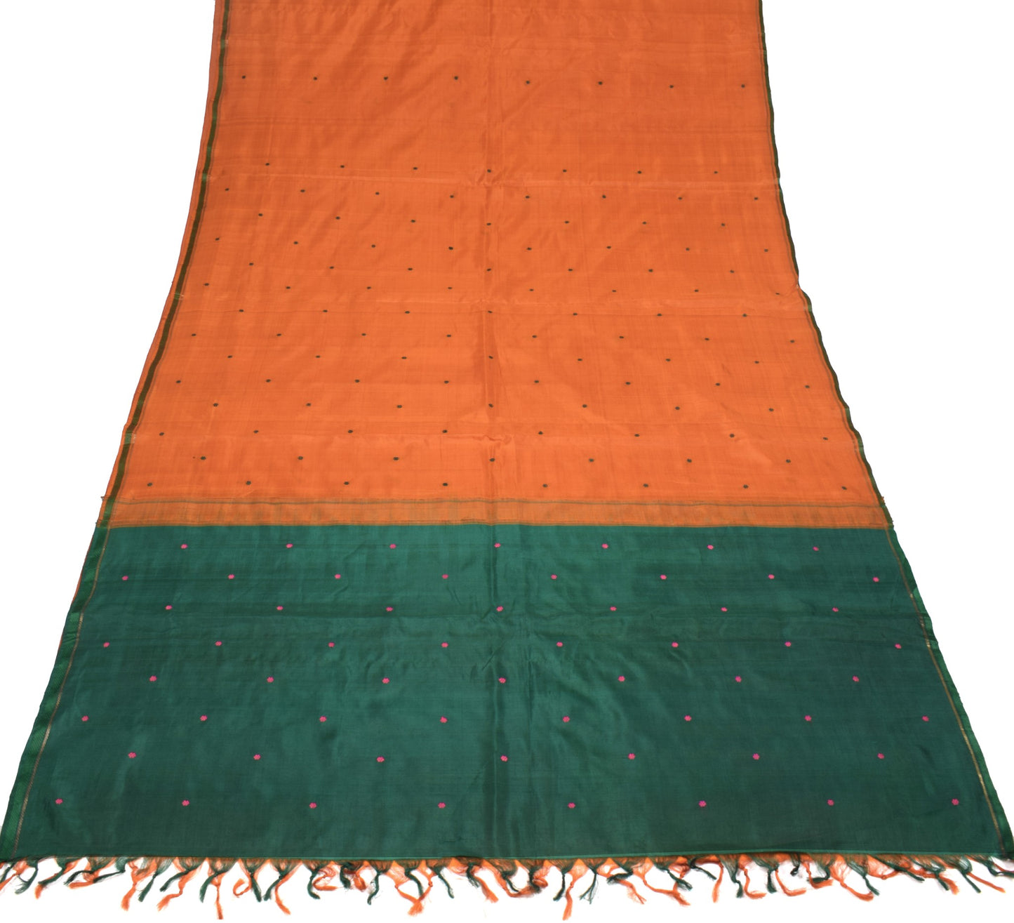 Sushila Vintage Orange Handloom Saree Pure Silk Floral Woven 6 Yard Sari Fabric