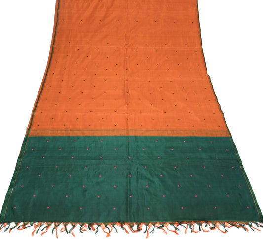 Sushila Vintage Orange Handloom Saree Pure Silk Floral Woven 6 Yard Sari Fabric