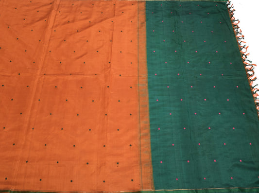 Sushila Vintage Orange Handloom Saree Pure Silk Floral Woven 6 Yard Sari Fabric