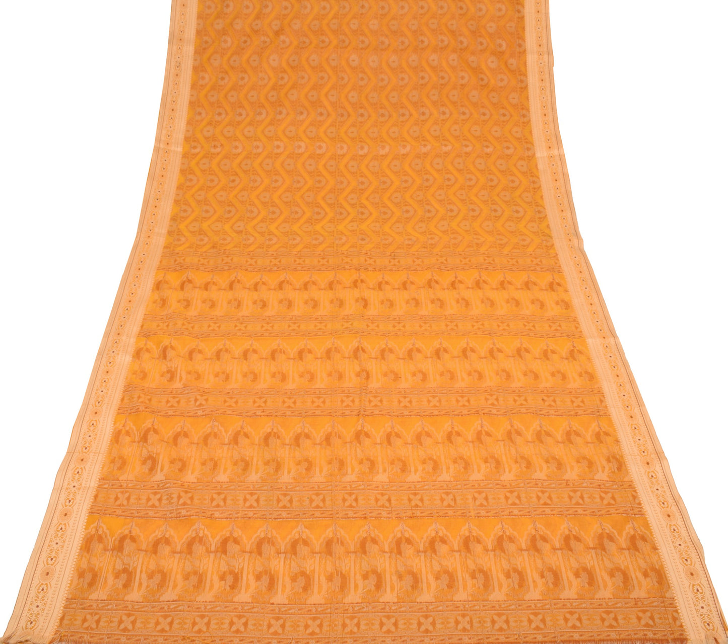 Sushila Vintage Golden Yellow Saree Art Cotton Silk Floral Woven 5YD Sari Fabric