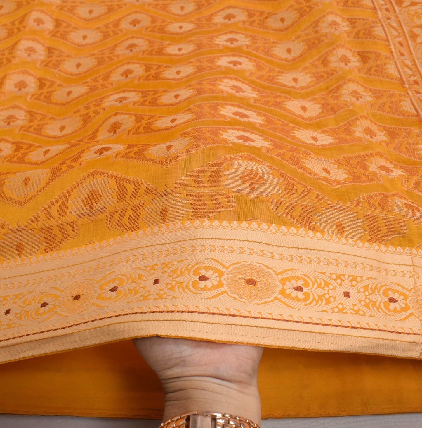 Sushila Vintage Golden Yellow Saree Art Cotton Silk Floral Woven 5YD Sari Fabric