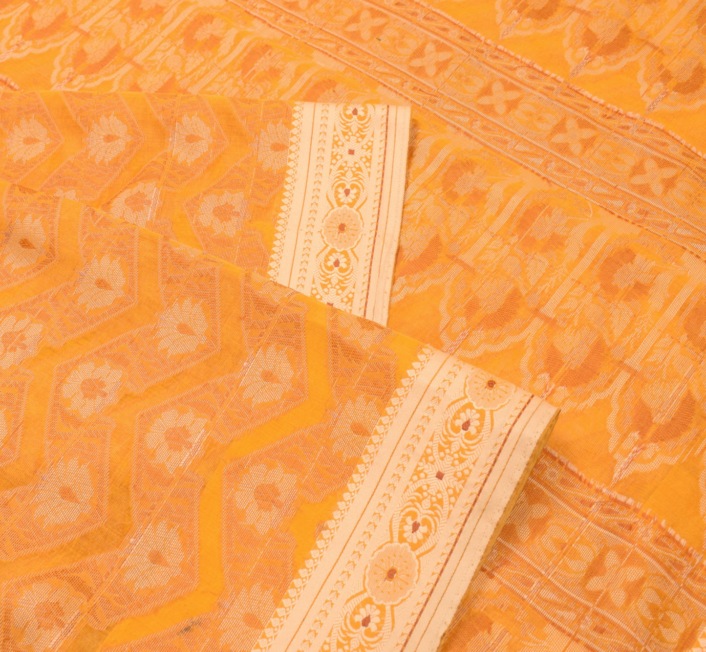 Sushila Vintage Golden Yellow Saree Art Cotton Silk Floral Woven 5YD Sari Fabric