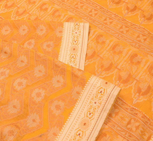 Sushila Vintage Golden Yellow Saree Art Cotton Silk Floral Woven 5YD Sari Fabric