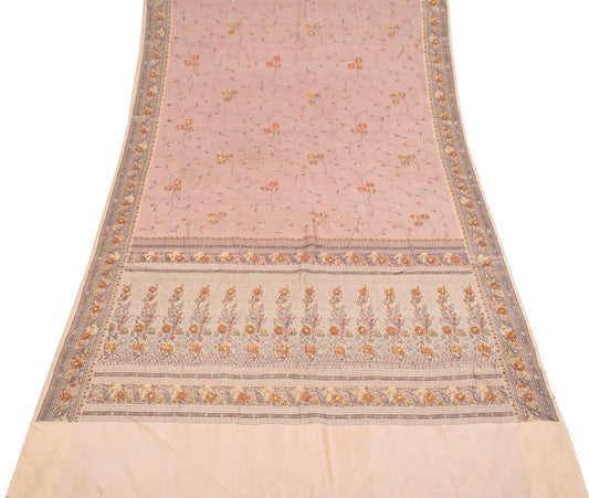 Sushila Vintage Peach Pure Silk Saree Woven & Embroidered Floral 5YD Sari Fabric