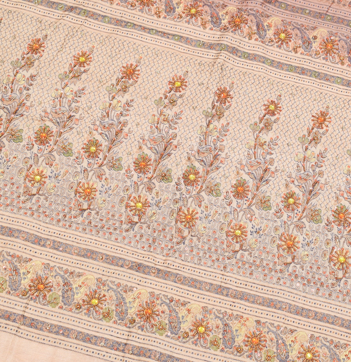 Sushila Vintage Peach Pure Silk Saree Woven & Embroidered Floral 5YD Sari Fabric
