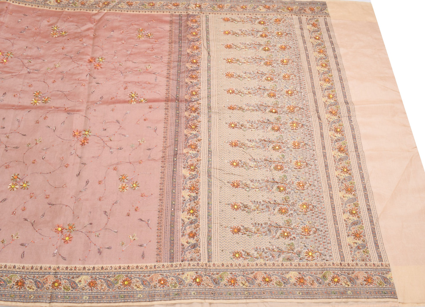 Sushila Vintage Peach Pure Silk Saree Woven & Embroidered Floral 5YD Sari Fabric