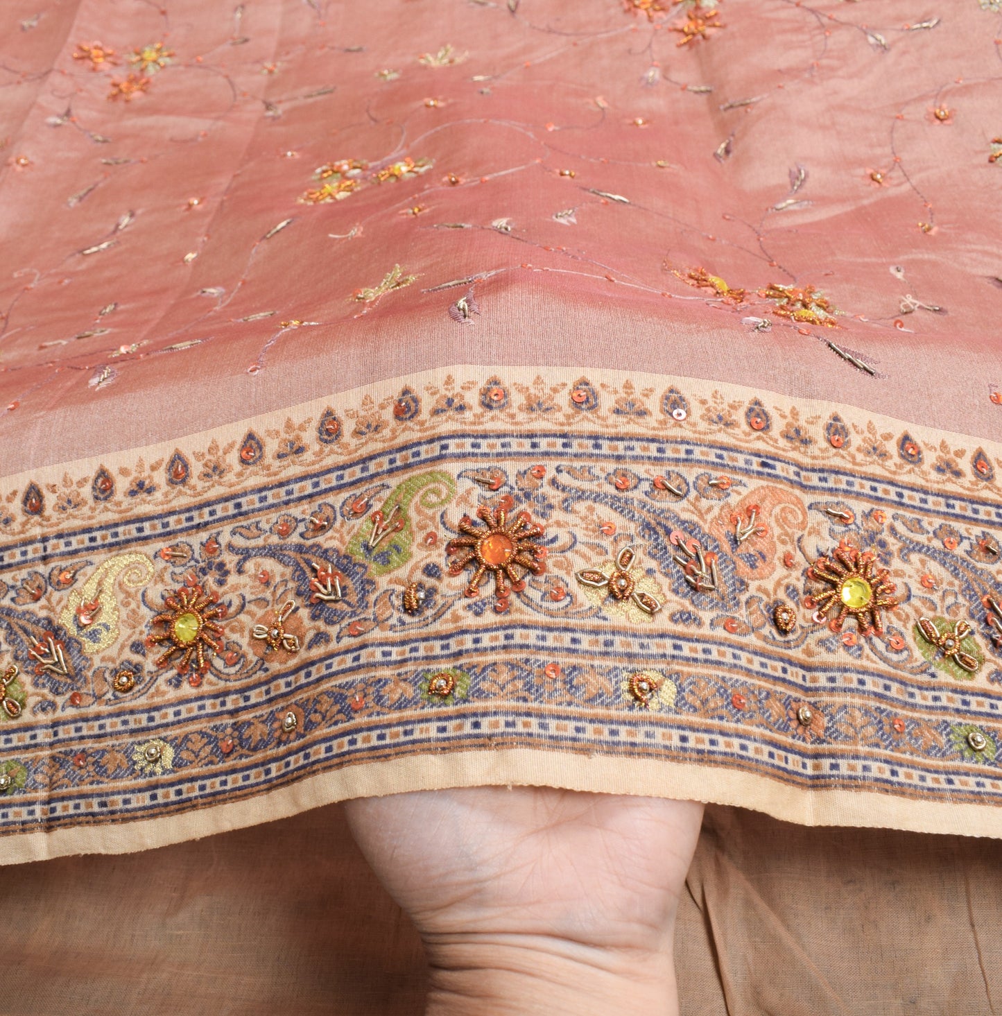 Sushila Vintage Peach Pure Silk Saree Woven & Embroidered Floral 5YD Sari Fabric