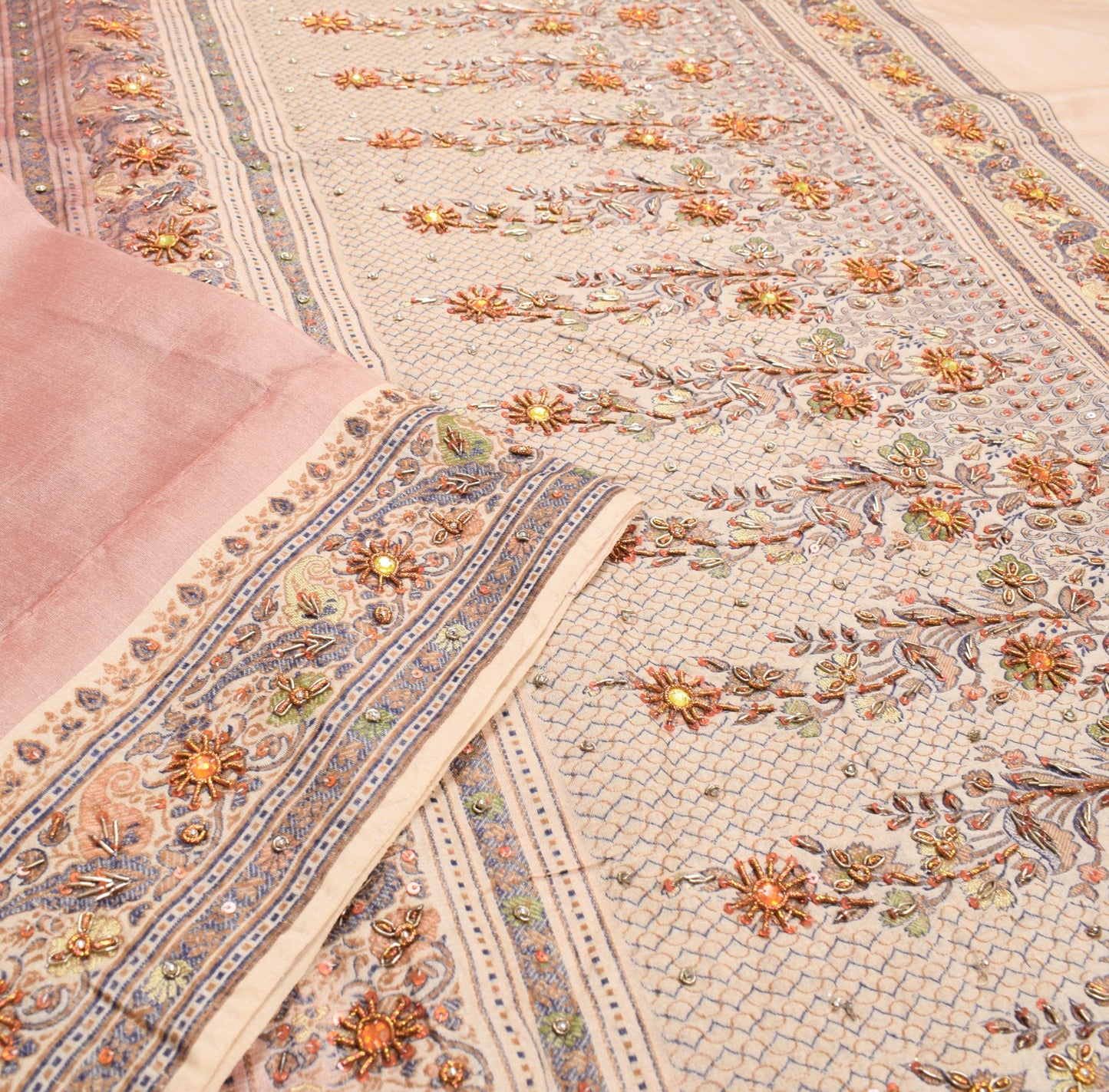 Sushila Vintage Peach Pure Silk Saree Woven & Embroidered Floral 5YD Sari Fabric