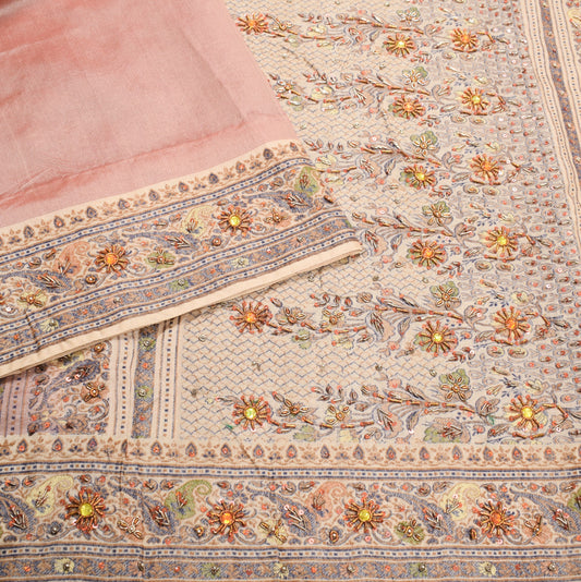 Sushila Vintage Peach Pure Silk Saree Woven & Embroidered Floral 5YD Sari Fabric