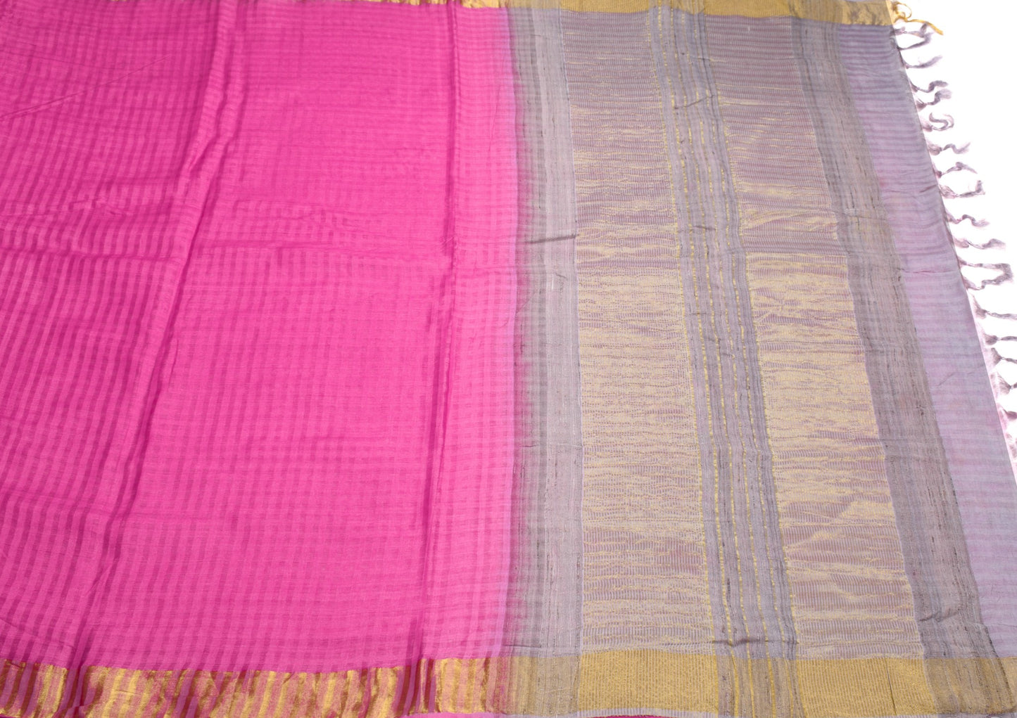 Sushila Vintage Magenta Checks Saree Pure Silk Gray Pallu and Zari border Sari