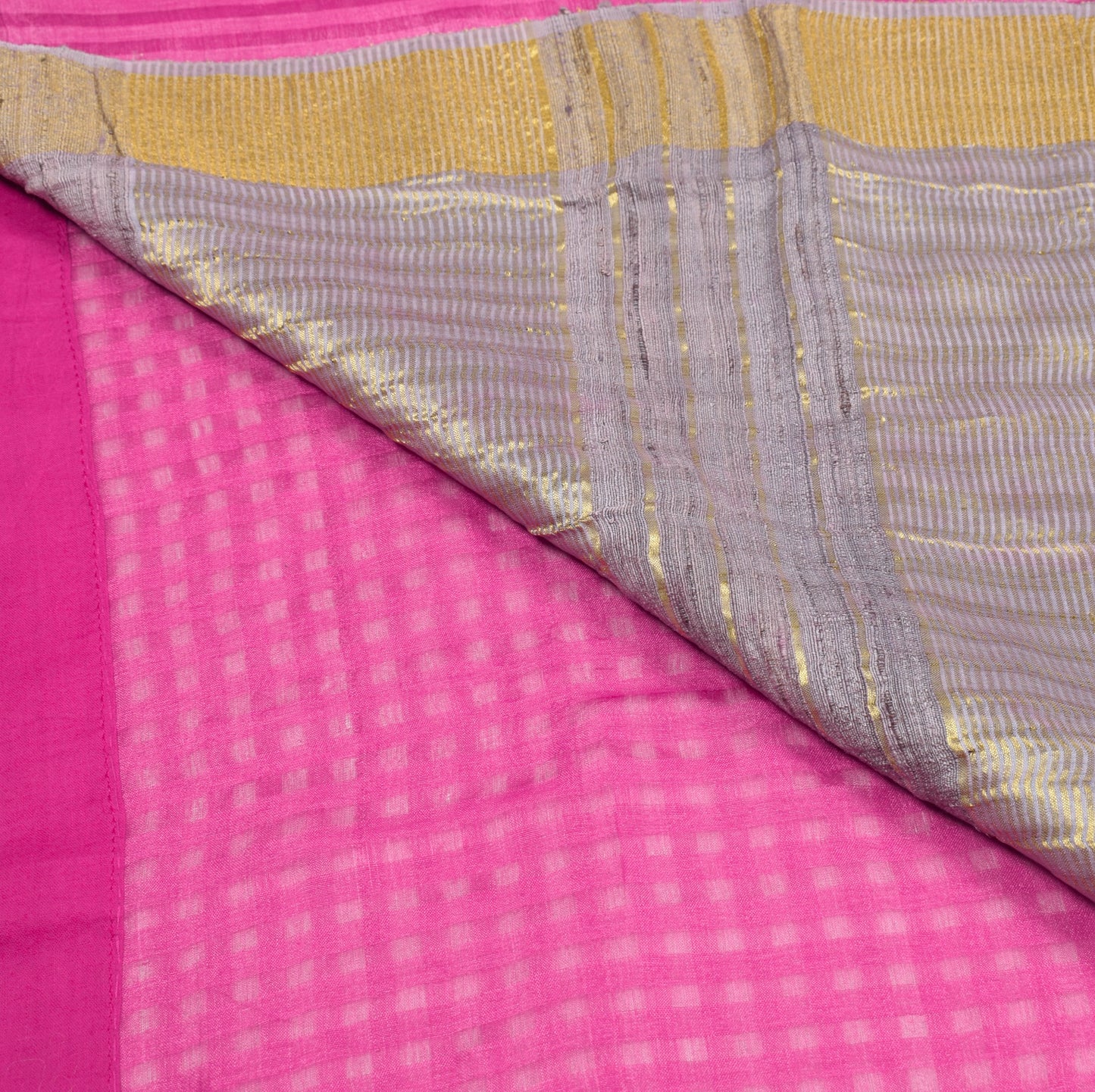 Sushila Vintage Magenta Checks Saree Pure Silk Gray Pallu and Zari border Sari