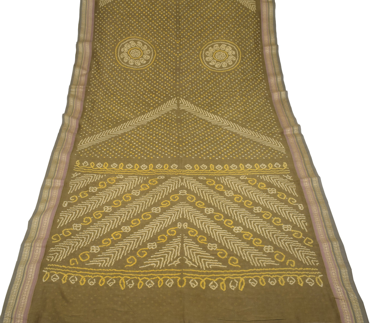 Sushila Vintage Green Bandhani Print Saree Woven Border Pure Cotton Sari Fabric