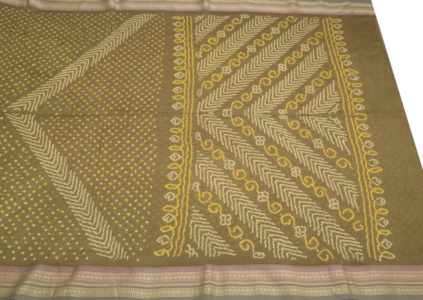 Sushila Vintage Green Bandhani Print Saree Woven Border Pure Cotton Sari Fabric