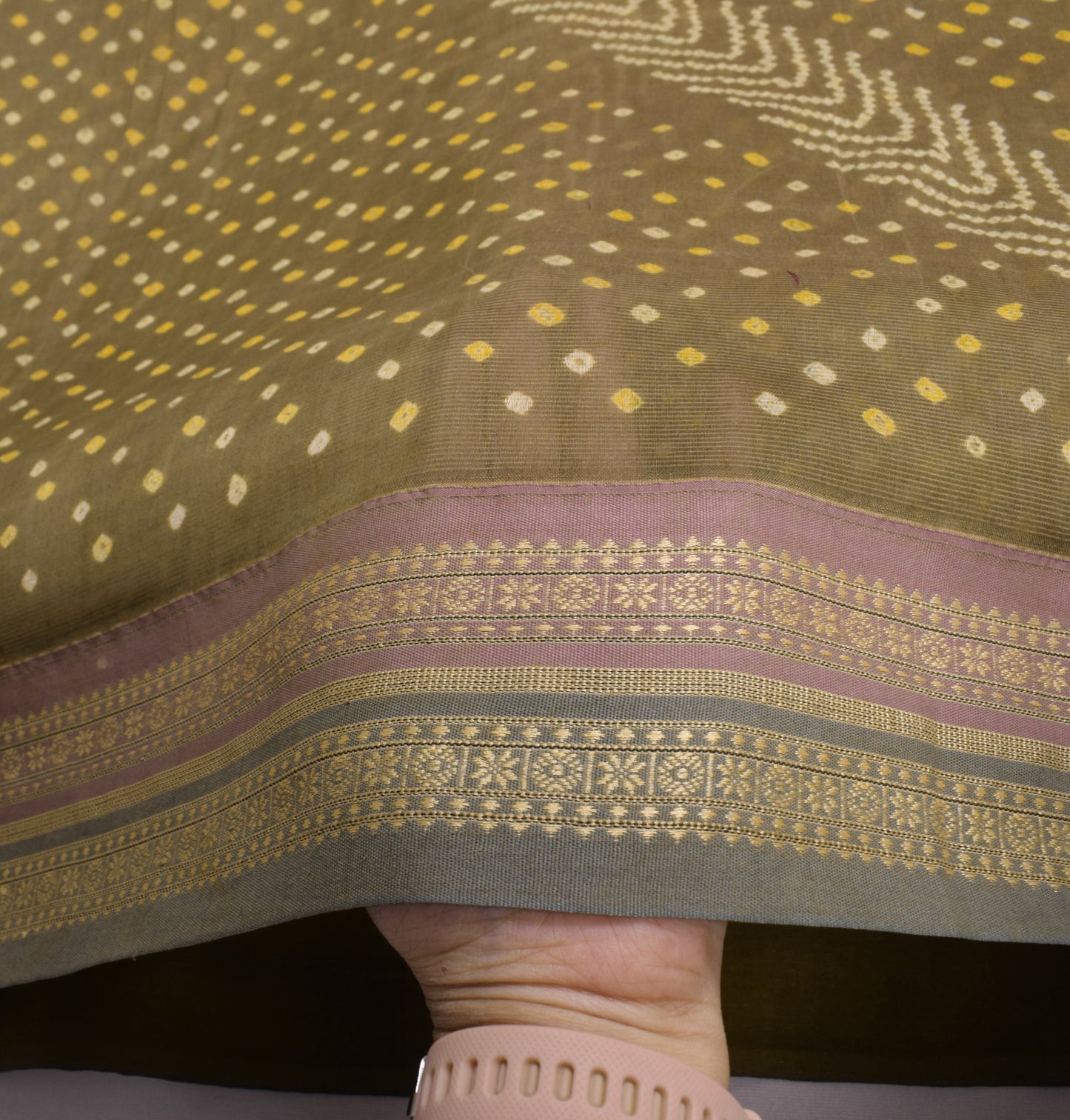 Sushila Vintage Green Bandhani Print Saree Woven Border Pure Cotton Sari Fabric