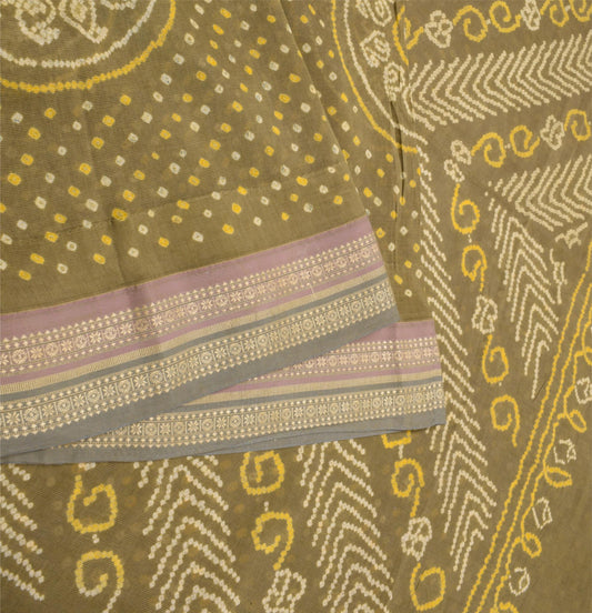 Sushila Vintage Green Bandhani Print Saree Woven Border Pure Cotton Sari Fabric
