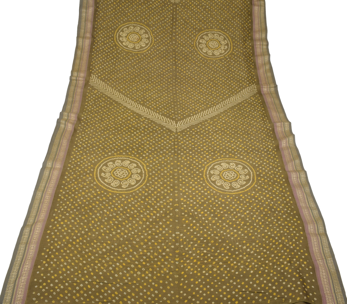 Sushila Vintage Green Bandhani Print Saree Woven Border Pure Cotton Sari Fabric