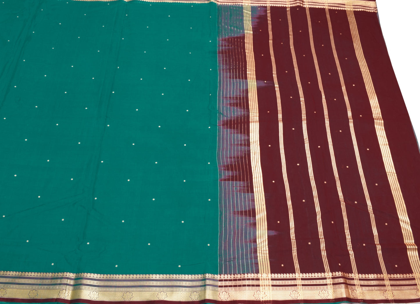 Sushila Vintage Teal Green Handloom Saree Pure Cotton Floral Woven Sari Fabric