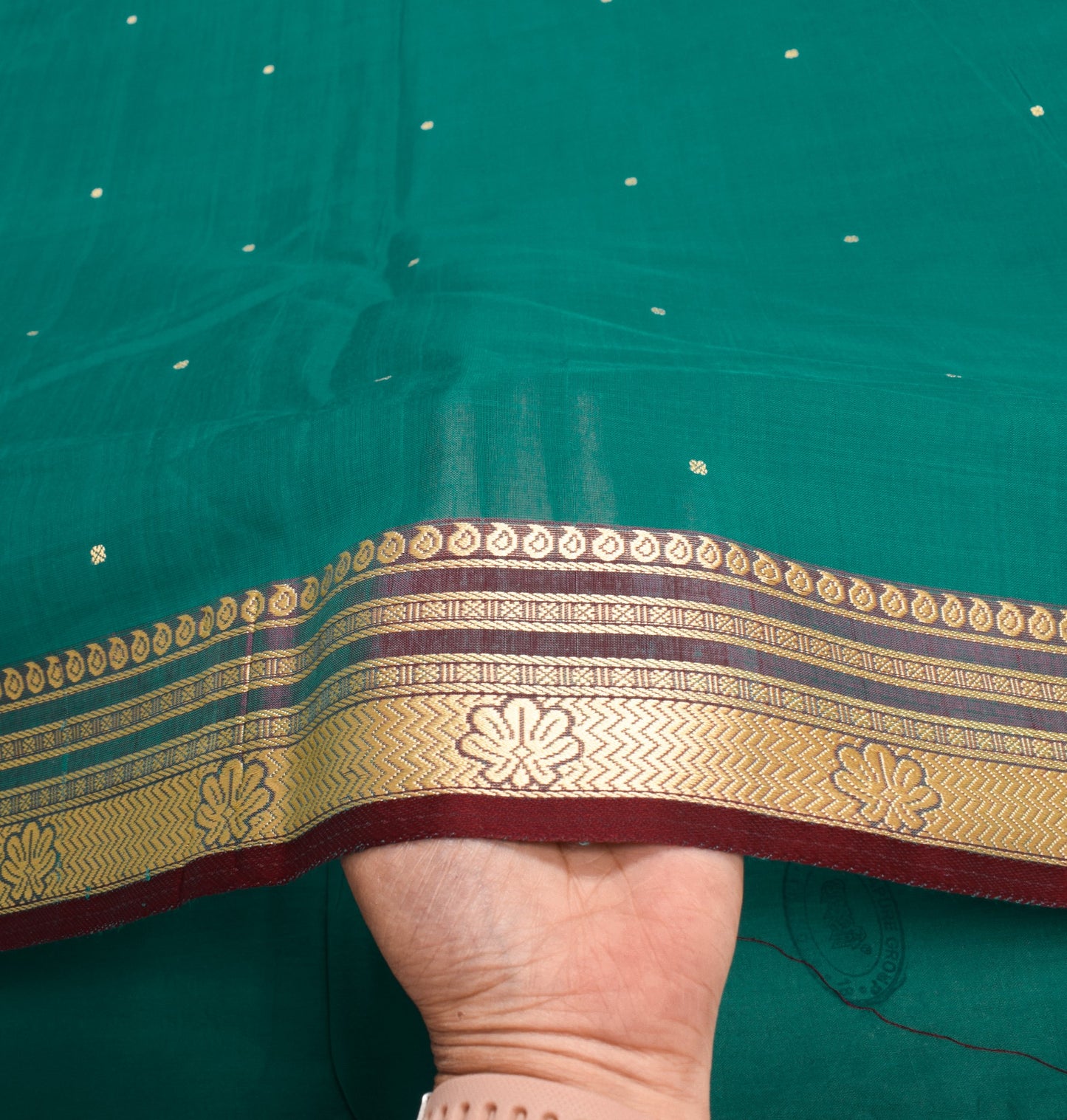 Sushila Vintage Teal Green Handloom Saree Pure Cotton Floral Woven Sari Fabric