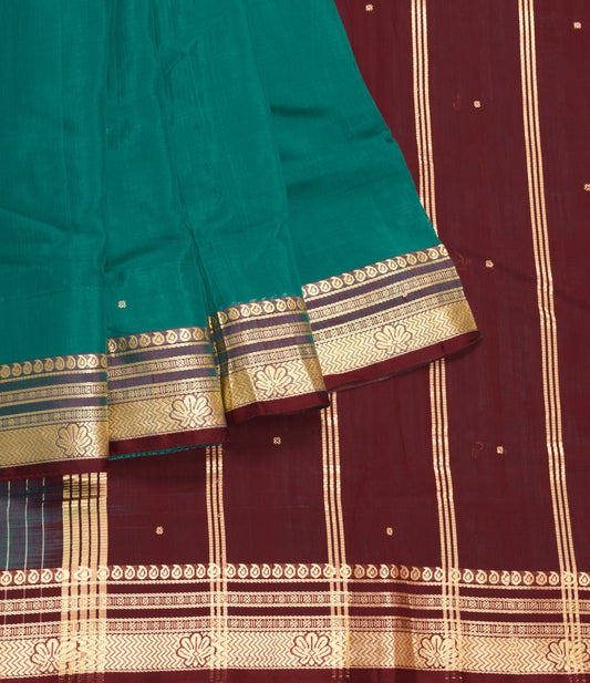 Sushila Vintage Teal Green Handloom Saree Pure Cotton Floral Woven Sari Fabric