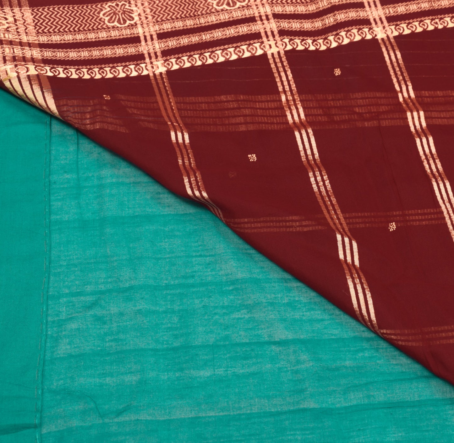 Sushila Vintage Teal Green Handloom Saree Pure Cotton Floral Woven Sari Fabric