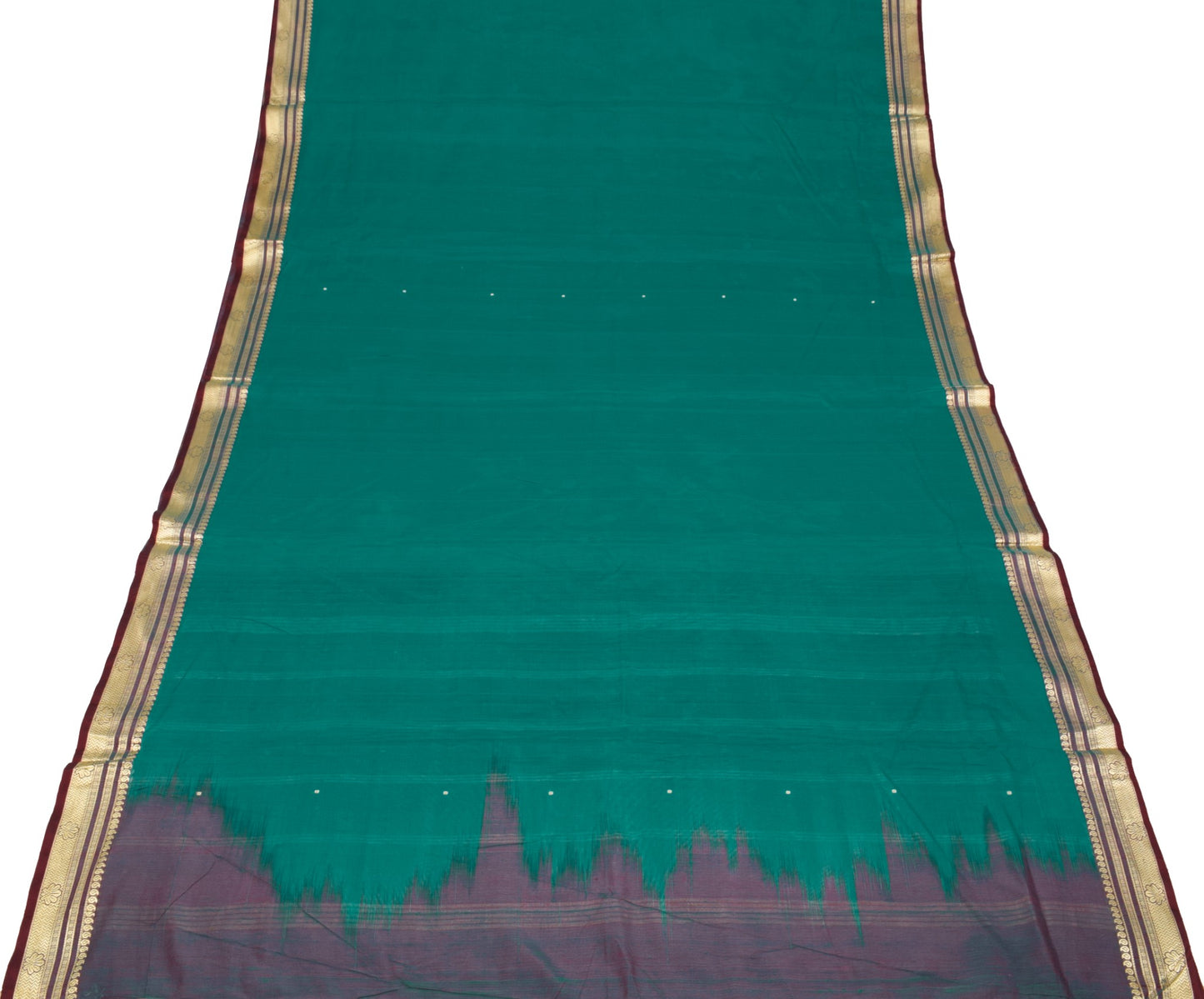 Sushila Vintage Teal Green Handloom Saree Pure Cotton Floral Woven Sari Fabric