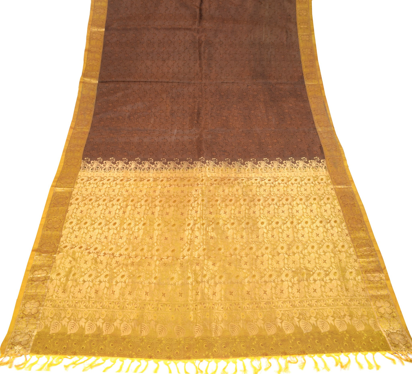 Sushila Vintage Brown Gold Sari Kanjivaram Pure Silk Zari Woven Saree 5YD Fabric
