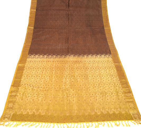 Sushila Vintage Brown Gold Sari Kanjivaram Pure Silk Zari Woven Saree 5YD Fabric