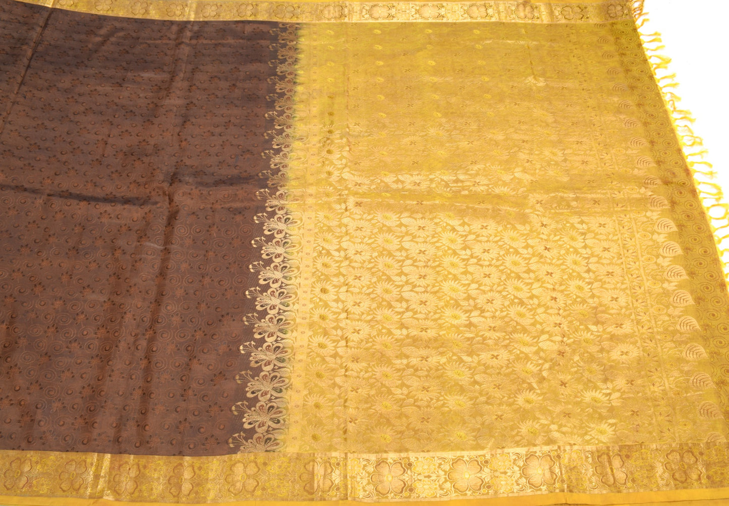 Sushila Vintage Brown Gold Sari Kanjivaram Pure Silk Zari Woven Saree 5YD Fabric