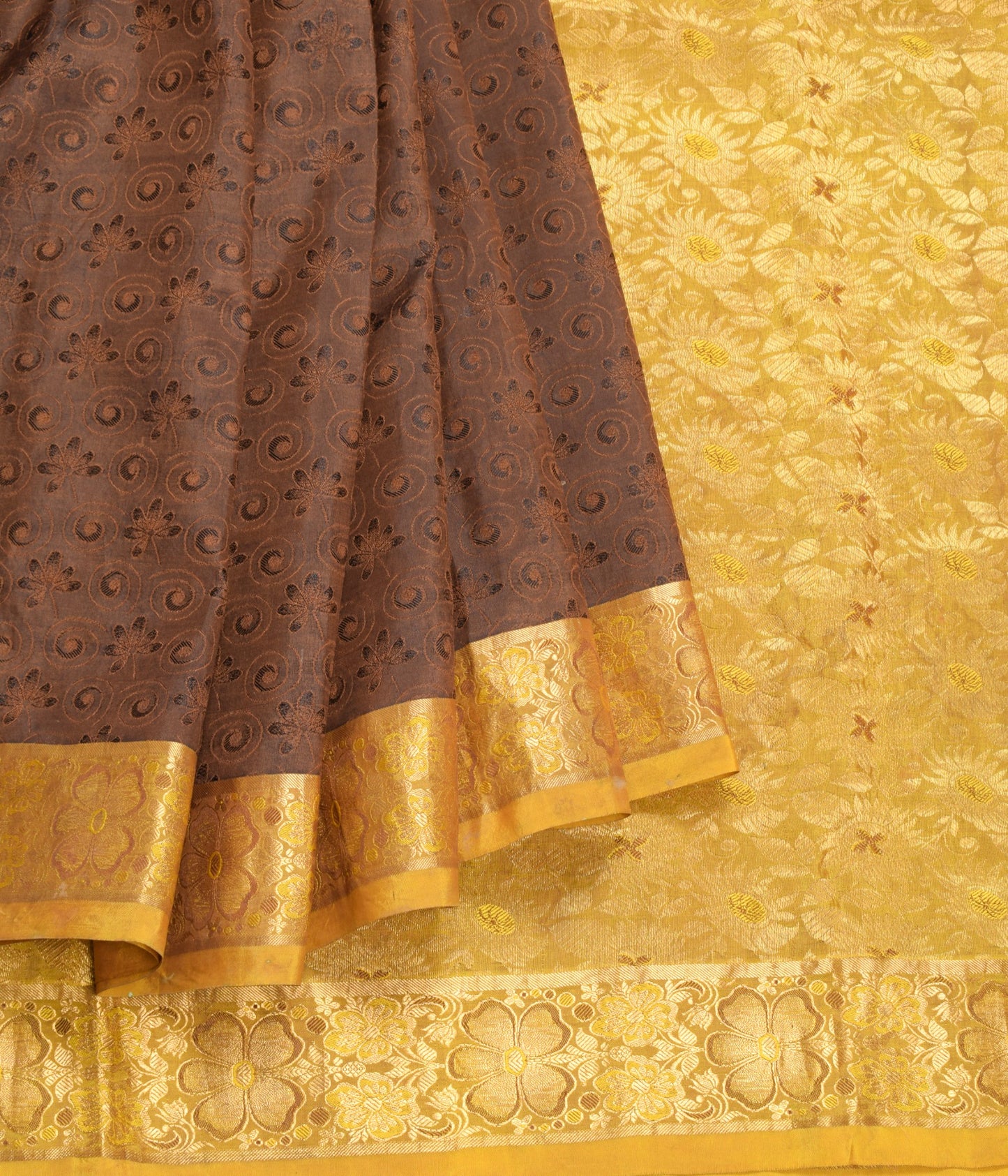 Sushila Vintage Brown Gold Sari Kanjivaram Pure Silk Zari Woven Saree 5YD Fabric
