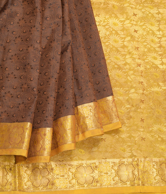 Sushila Vintage Brown Gold Sari Kanjivaram Pure Silk Zari Woven Saree 5YD Fabric