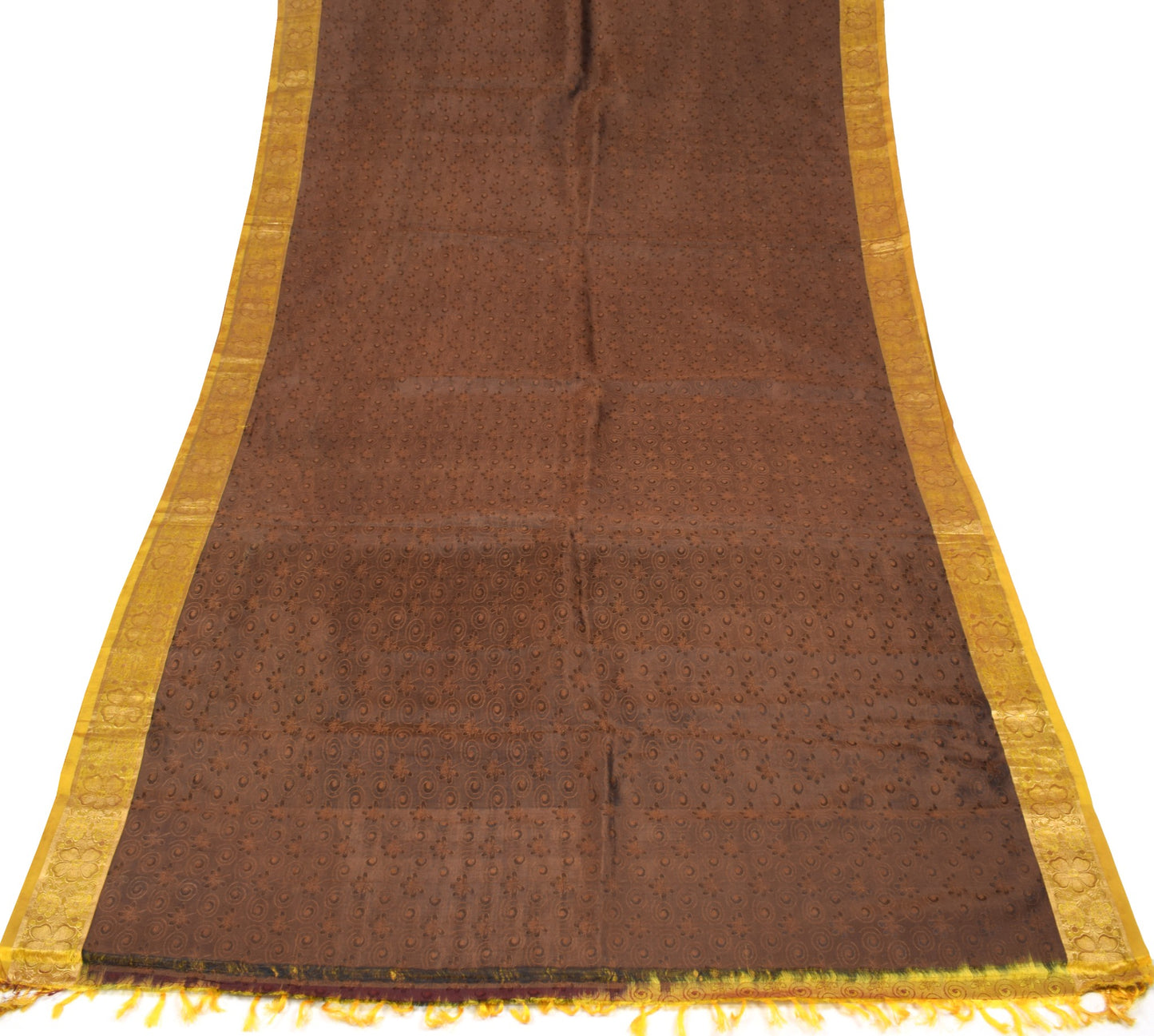 Sushila Vintage Brown Gold Sari Kanjivaram Pure Silk Zari Woven Saree 5YD Fabric