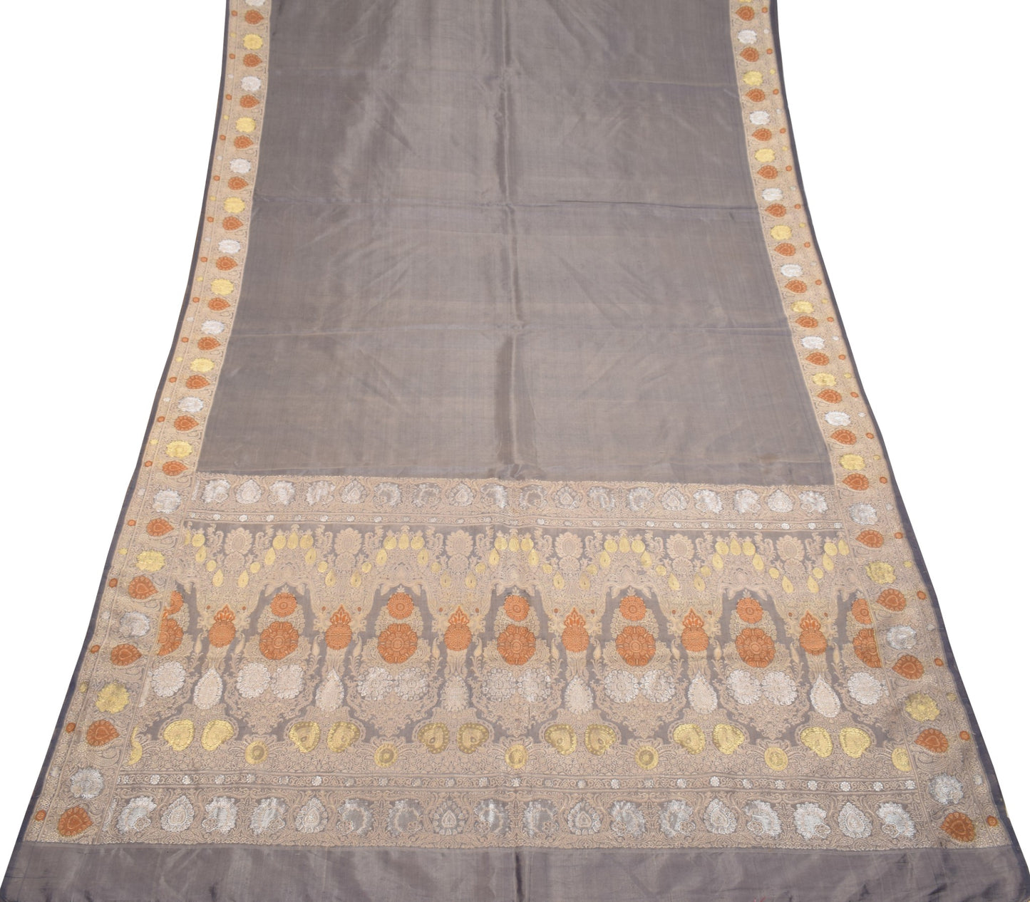 Sushila Vintage Banarasi handloom Saree Pure Silk Floral Woven Gray Sari Fabric