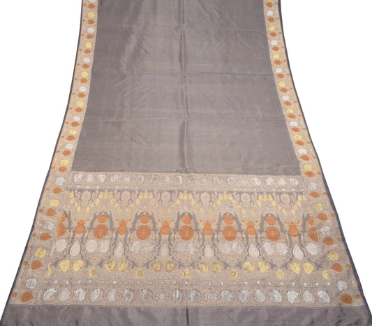 Sushila Vintage Banarasi handloom Saree Pure Silk Floral Woven Gray Sari Fabric
