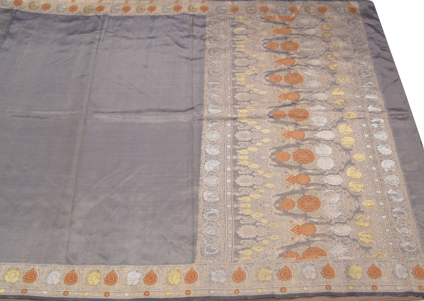 Sushila Vintage Banarasi handloom Saree Pure Silk Floral Woven Gray Sari Fabric