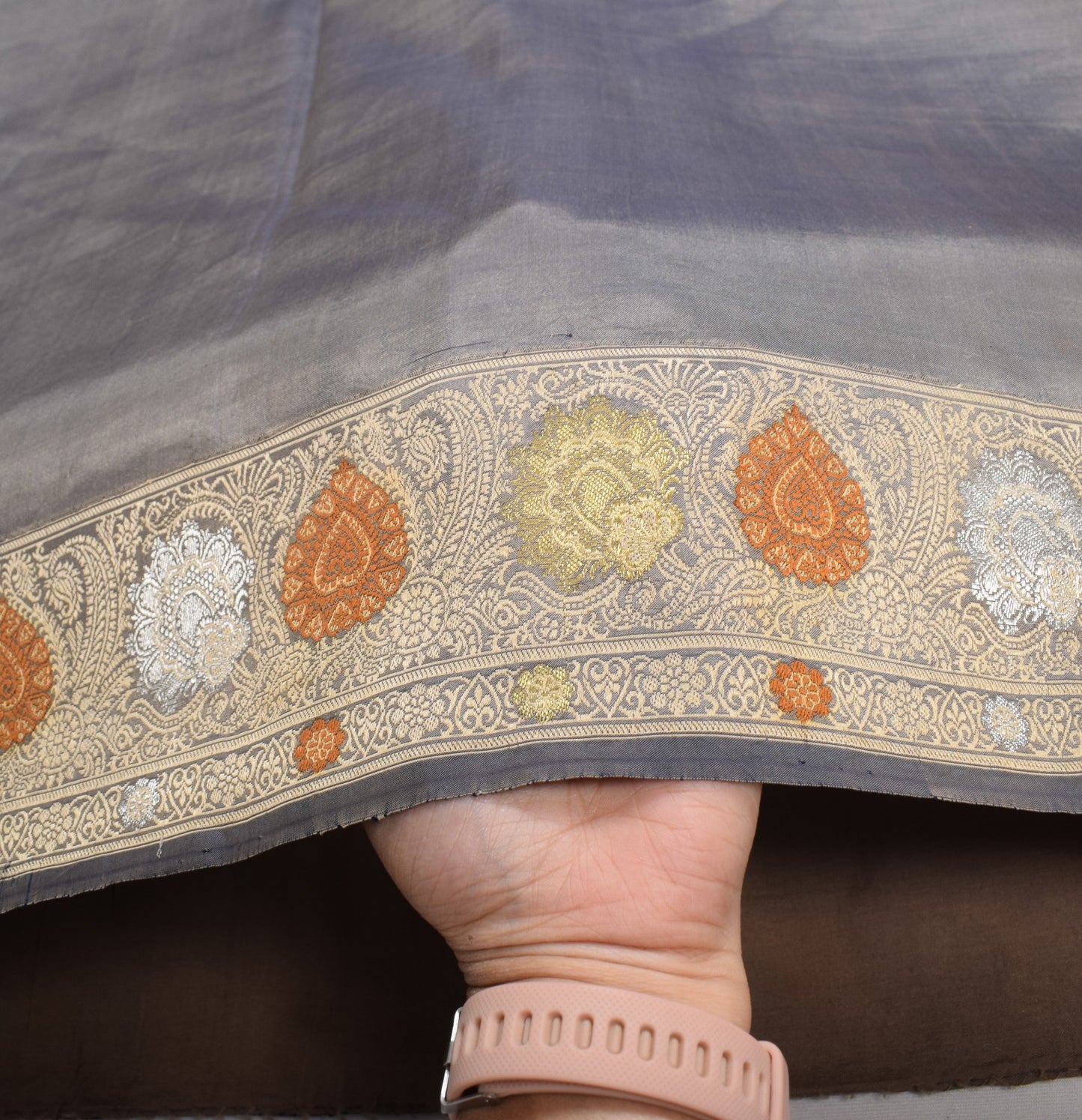 Sushila Vintage Banarasi handloom Saree Pure Silk Floral Woven Gray Sari Fabric