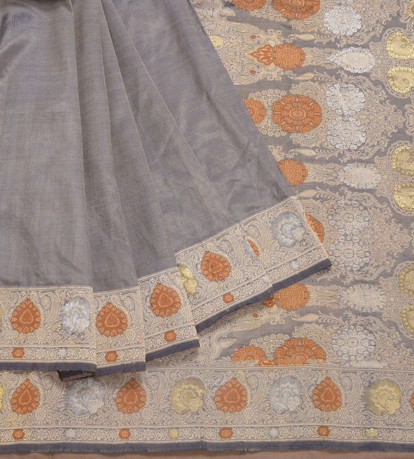 Sushila Vintage Banarasi handloom Saree Pure Silk Floral Woven Gray Sari Fabric
