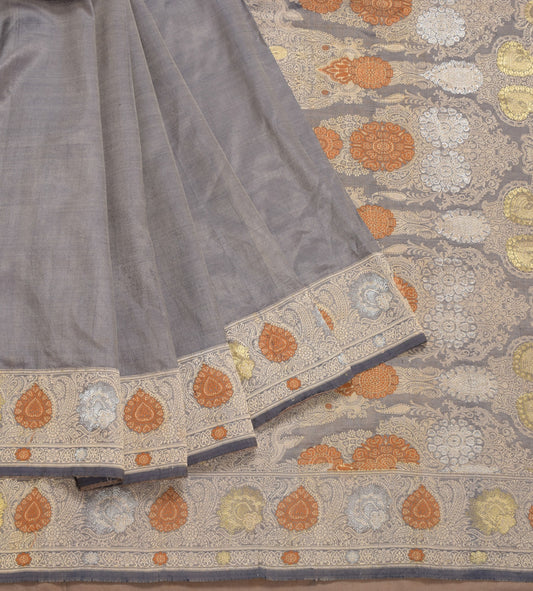 Sushila Vintage Banarasi handloom Saree Pure Silk Floral Woven Gray Sari Fabric