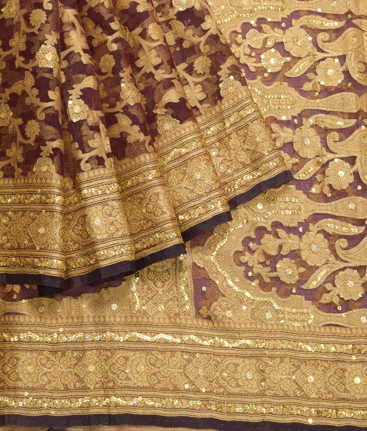 Sushila Vintage Maroon Pure Organza Saree Floral Woven & Aari Work Sari Fabric