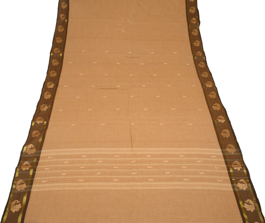 Sushila Vintage Pure Chettinad Cotton Saree Peacock Woven Brown 5YD Sari Fabric