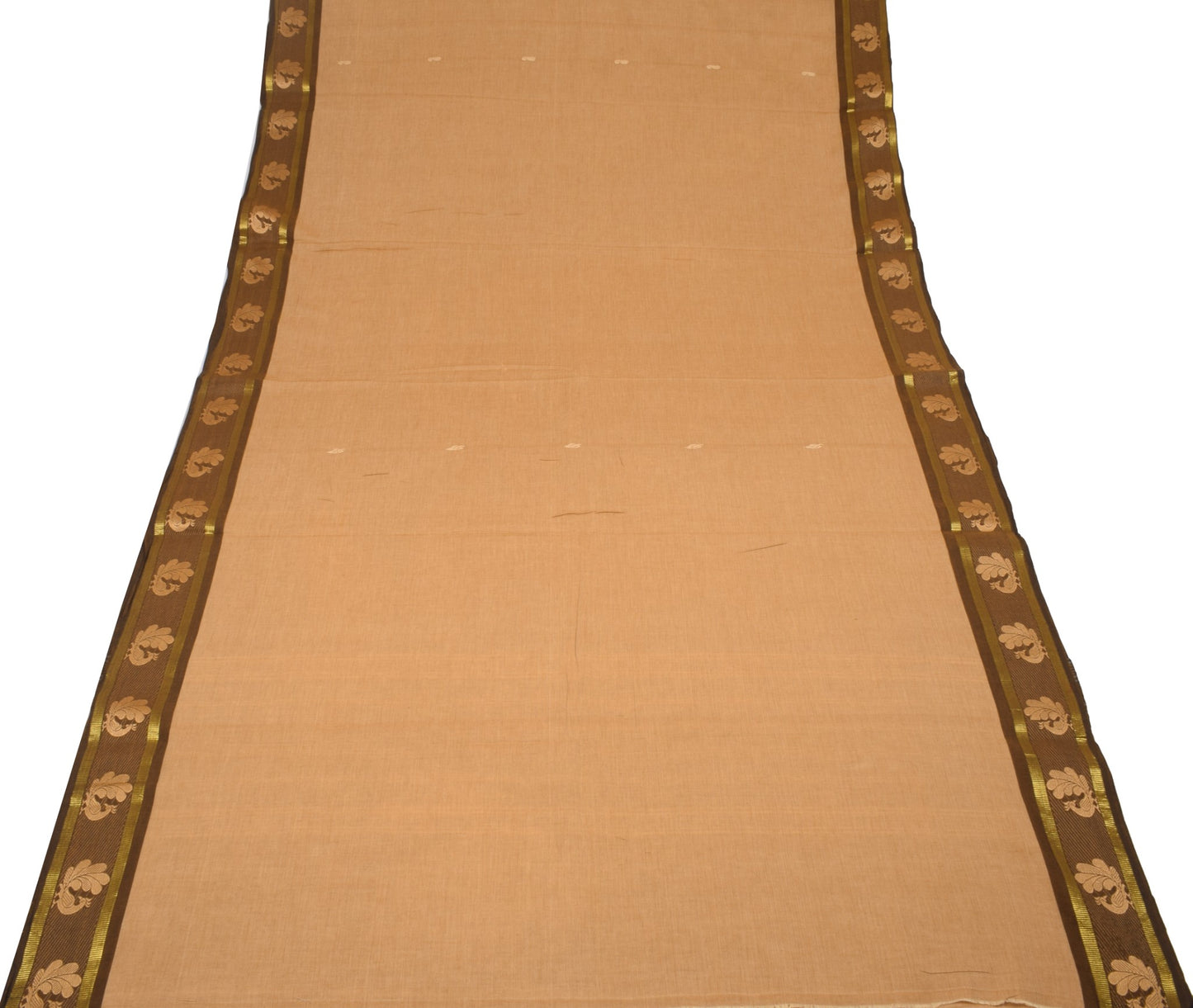 Sushila Vintage Pure Chettinad Cotton Saree Peacock Woven Brown 5YD Sari Fabric