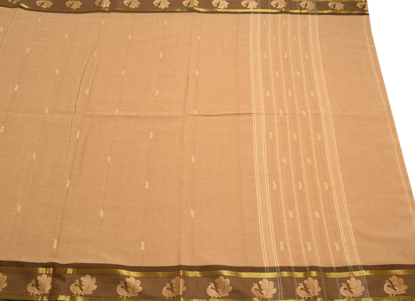 Sushila Vintage Pure Chettinad Cotton Saree Peacock Woven Brown 5YD Sari Fabric