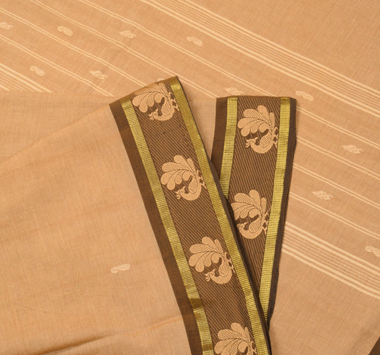 Sushila Vintage Pure Chettinad Cotton Saree Peacock Woven Brown 5YD Sari Fabric