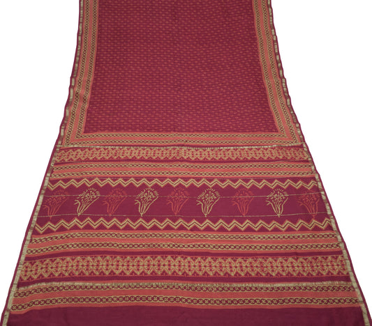 Sushila Vintage Burgundy Saree Pure Cotton Silk Handblock  5YD Sari Craft Fabric