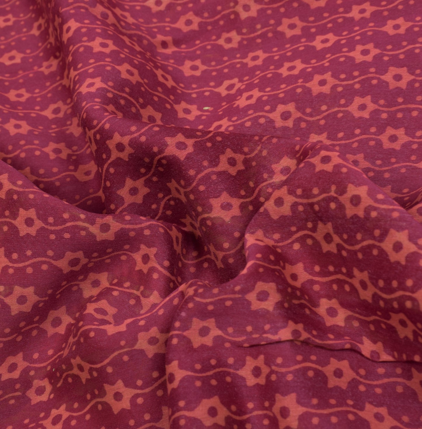 Sushila Vintage Burgundy Saree Pure Cotton Silk Handblock  5YD Sari Craft Fabric