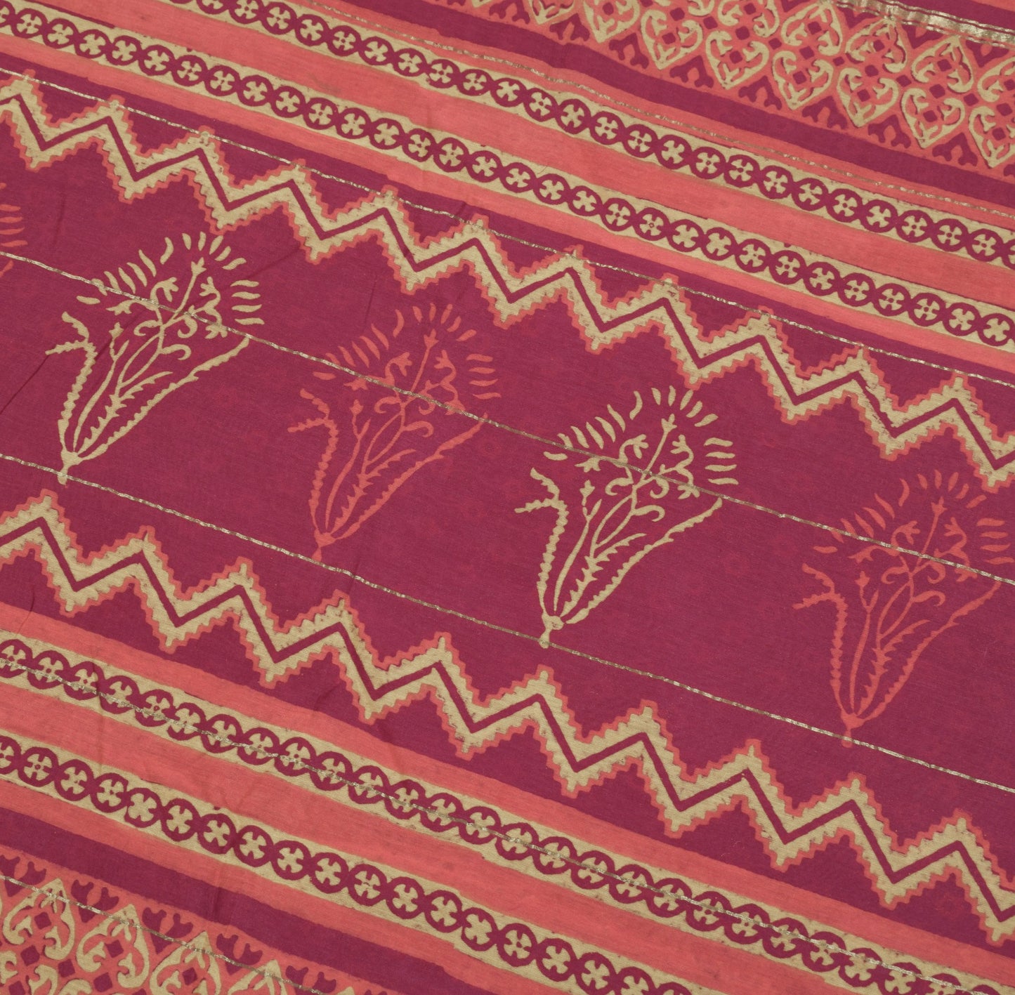 Sushila Vintage Burgundy Saree Pure Cotton Silk Handblock  5YD Sari Craft Fabric