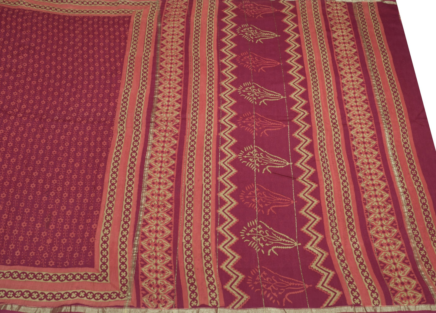 Sushila Vintage Burgundy Saree Pure Cotton Silk Handblock  5YD Sari Craft Fabric